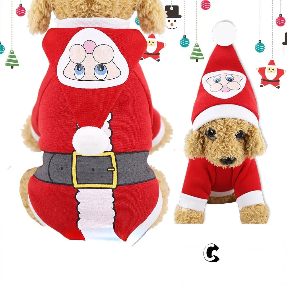 Brown Christmas pet Santa costume made from cotton-style cloth with four-leg design, available in sizes XS to 7XL