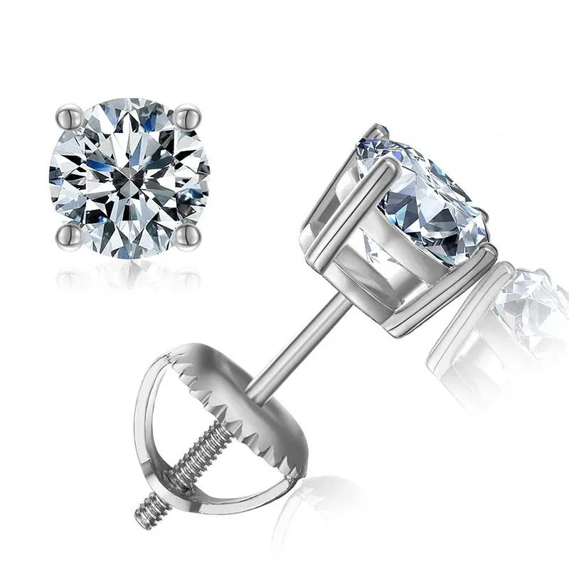 Silver geometric screw back moissanite stud earrings with four-claw setting on a black card.