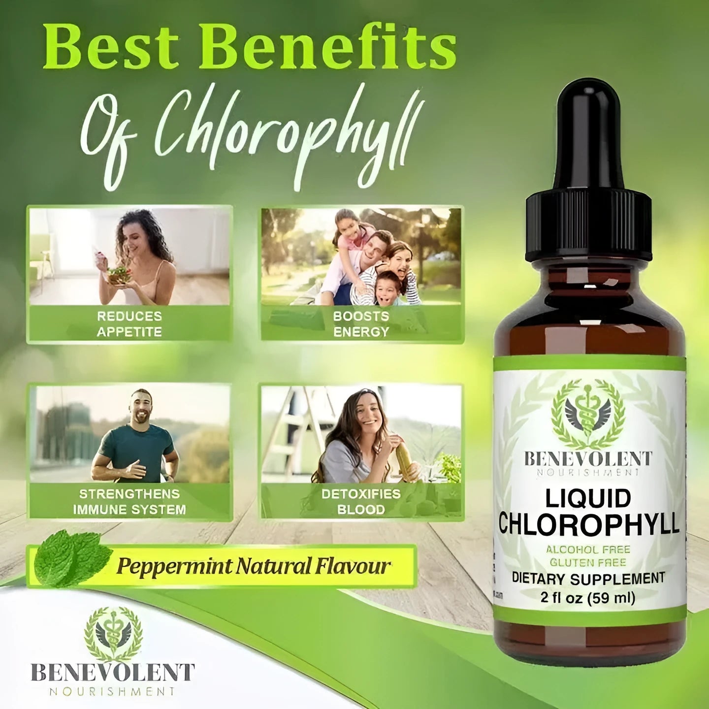 60ml bottle of mint-flavoured chlorophyll drops liquid supplement for adults