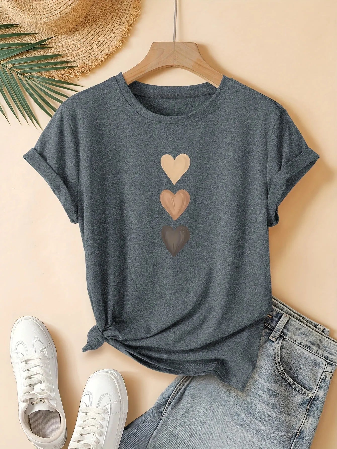 Women's pure cotton short sleeve t-shirt with a retro-style three heart print on the front.