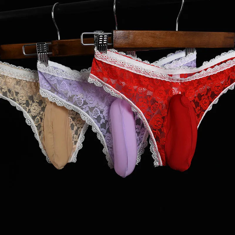 Men's lace briefs with vertical bag egg design in multiple colours with matching shorts