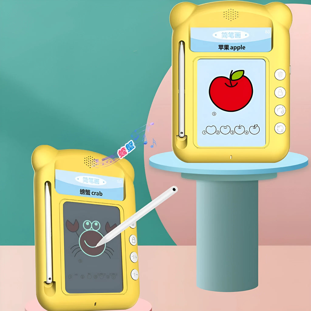 Yellow ABS plastic bilingual early learning machine with creative stick figure design and educational card sets