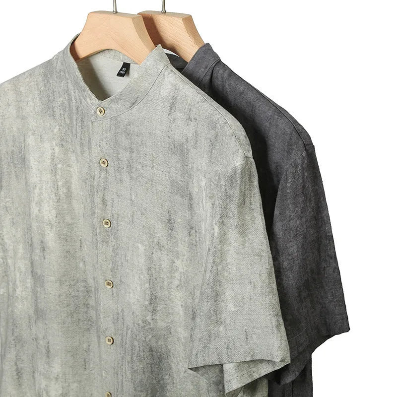 Men's loose fit linen-style shirt with stand collar in viscose blend fabric
