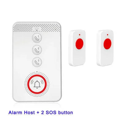 White one-click voice emergency alert device with buzzer and three wireless call buttons.