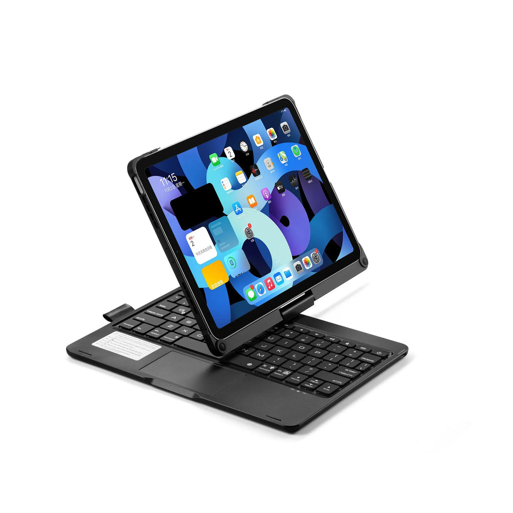 Black Bluetooth keyboard with 360-degree rotation and backlit keys for iPad tablets