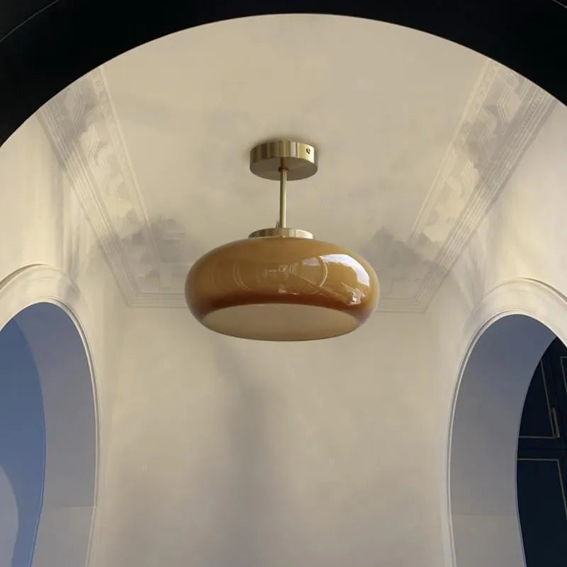 Bauhaus style three headed egg tart pendant light with glass shades in milky white finish
