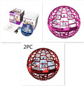 Spinning flying ball drone toy with LED lights in blue pink or red colours showing boomerang flight path