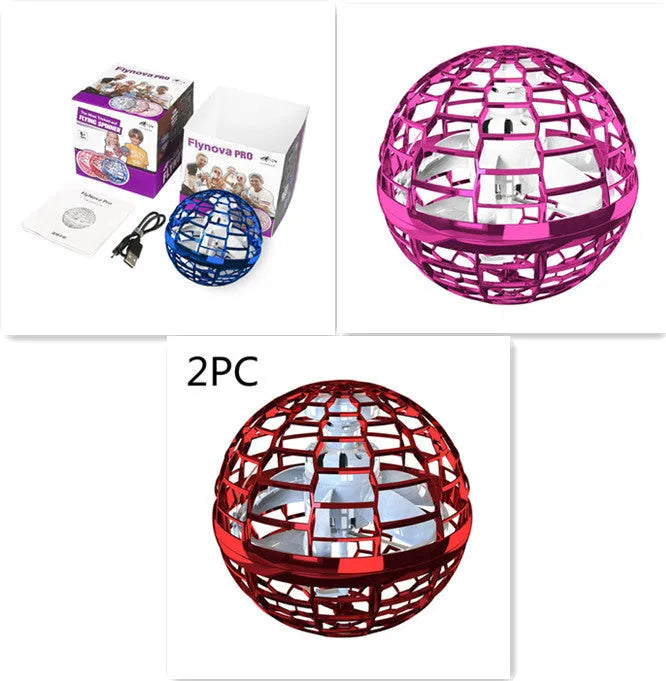 Spinning flying ball drone toy with LED lights in blue pink or red colours showing boomerang flight path