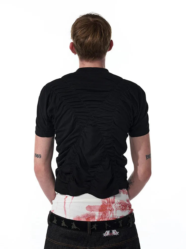 Black printed men's slim fit summer t-shirt with short sleeves and round neck collar