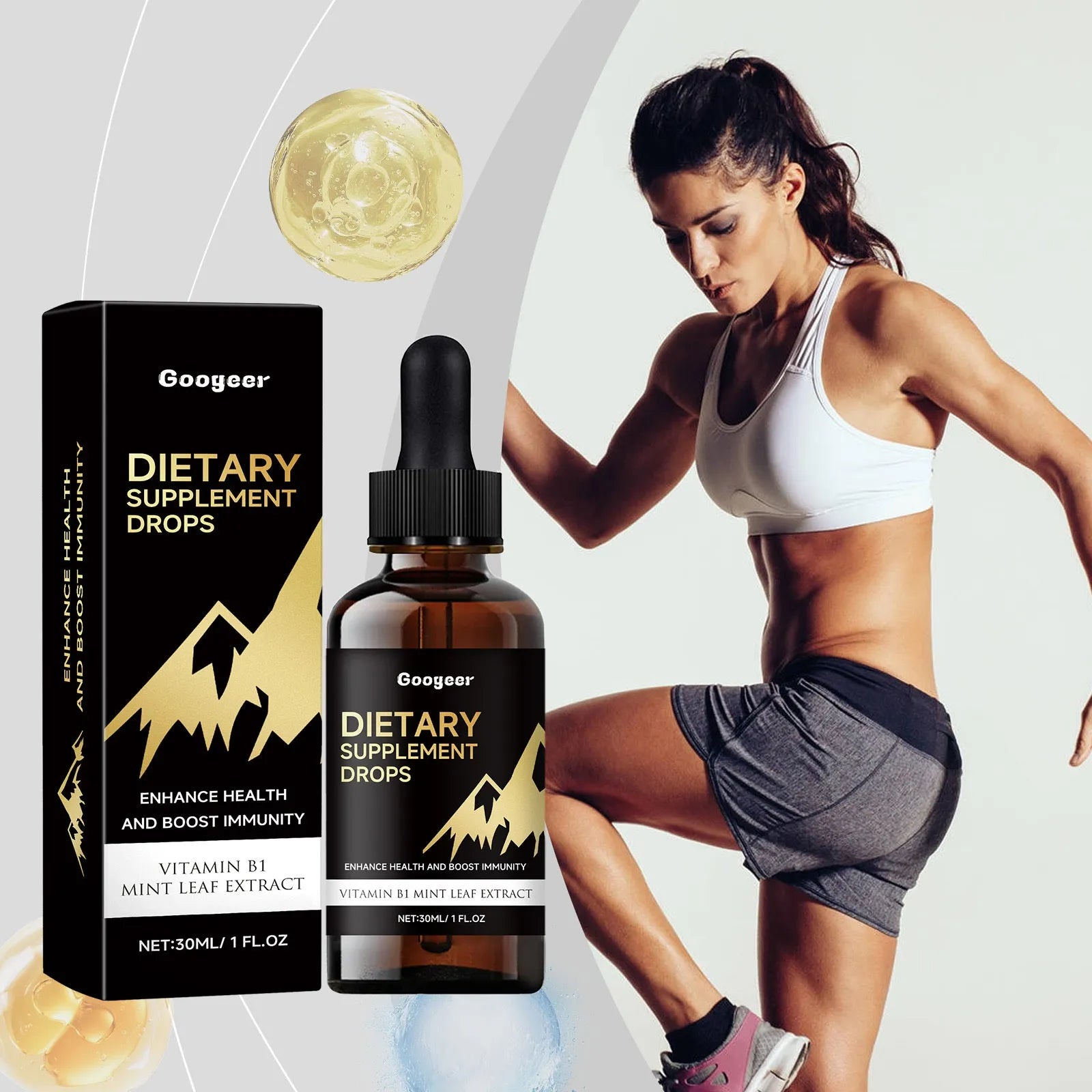 30ml clear bottle of liquid dietary supplement drops with a black dropper cap.