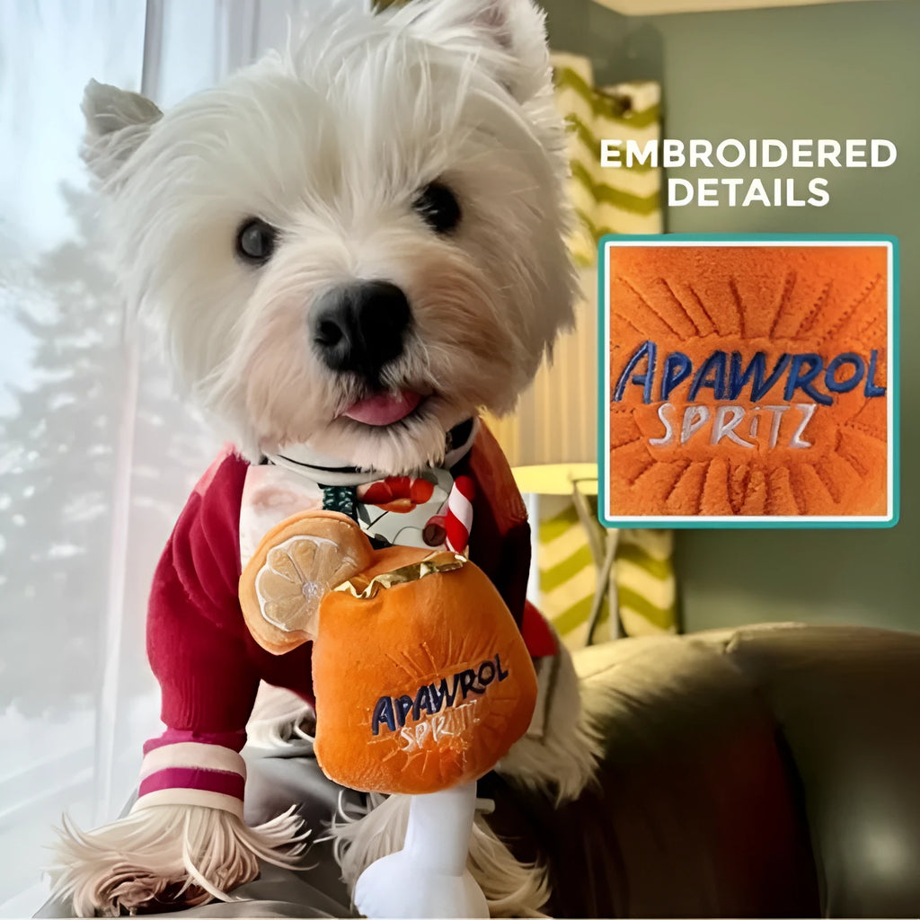 Yellow wine glass shaped plush dog toy with squeaker and teeth cleaning features