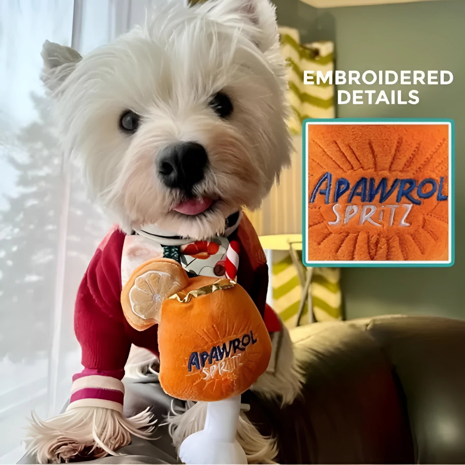 Yellow wine glass shaped plush dog toy with squeaker and teeth cleaning features