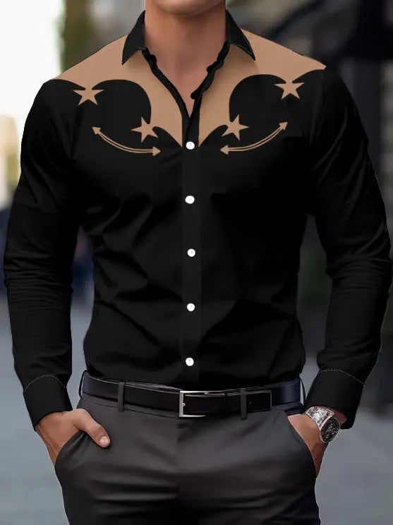 Men's long sleeve cardigan shirt with national style digital print, four-sided elastic fabric, loose fit