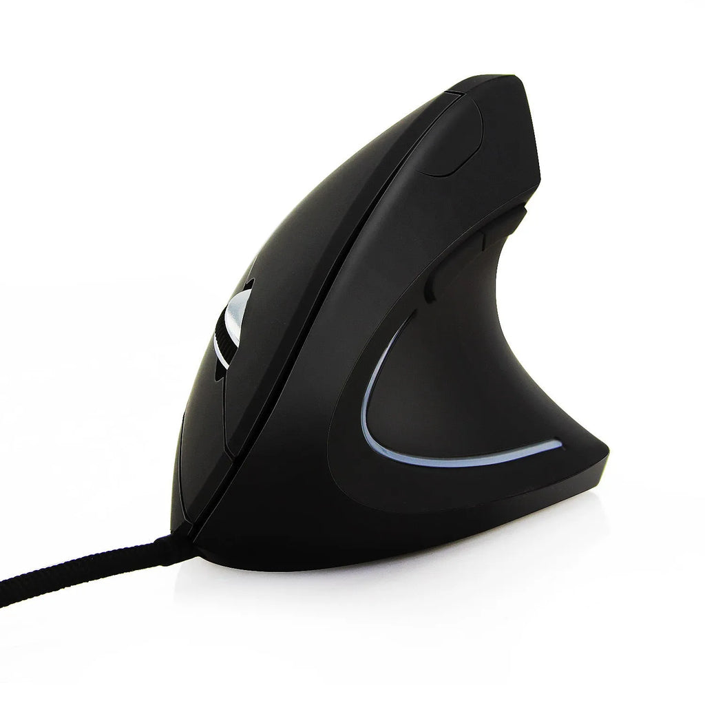 Vertical Vertical wired optical mouse in black with USB cable, six buttons, and four-way wheel on a laptop desk