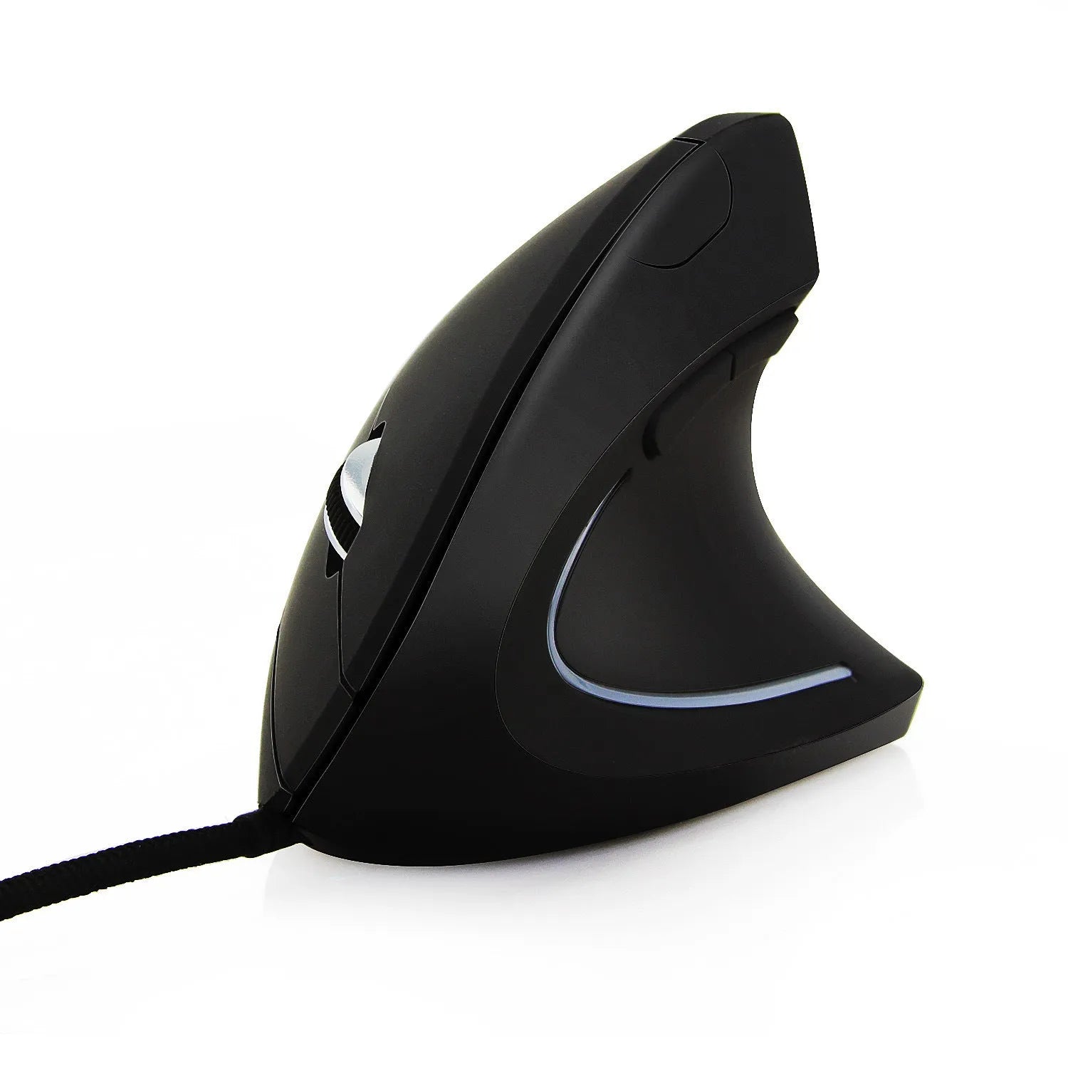 Vertical Vertical wired optical mouse in black with USB cable, six buttons, and four-way wheel on a laptop desk