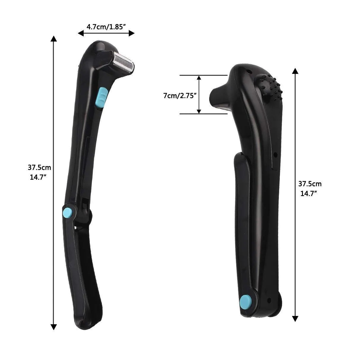 Black folding electric body shaver shown in open and closed positions for portable hair removal