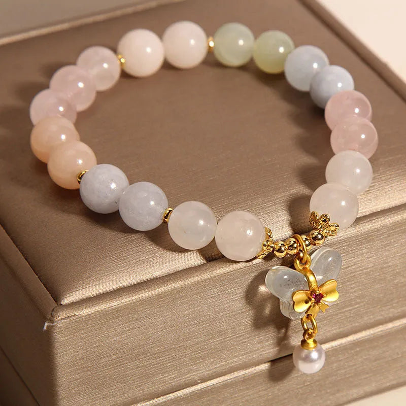 Women's morganite bracelet with colourful crystal jade beads and butterfly pendant in candy colours