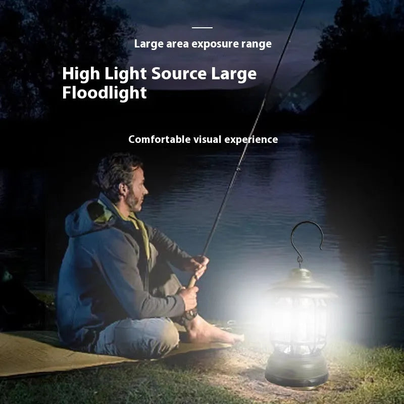 Portable camping head lamp in black, shown with adjustable strap and bright LED light.