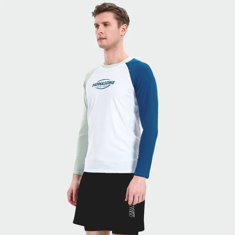 White long-sleeved swim top with matching double layer beach trunks for men