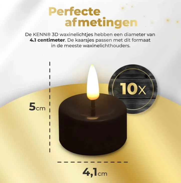 Set of four black S10 LED flameless tealight candles with flickering light, shown from the side.