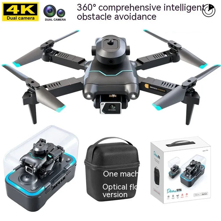 Black quadcopter drone with obstacle avoidance sensors and dual camera configuration for aerial photography
