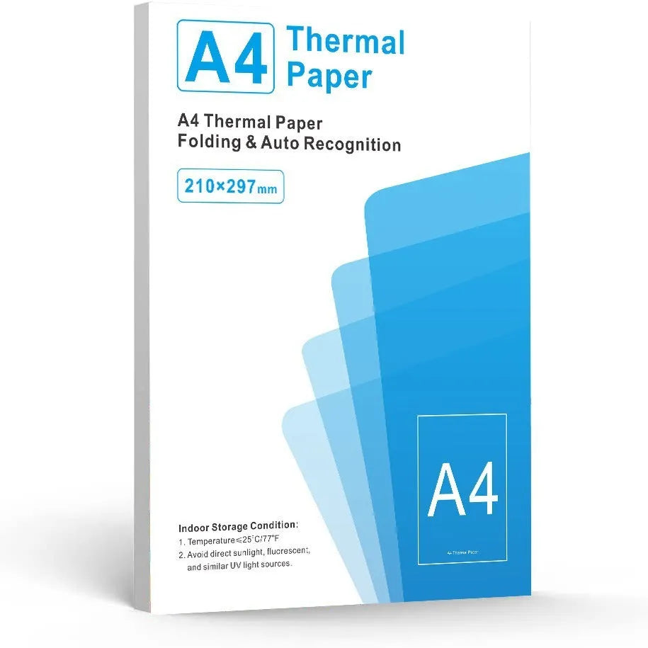 A4 thermal printer paper sheets in white with packaging options showing 100 or 200 sheet quantities