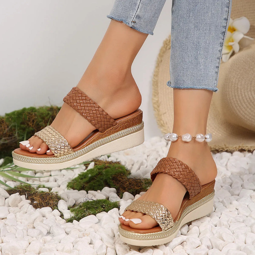 Women's gold and silver wedge sandals with PU upper and rubber sole in sizes 36-43