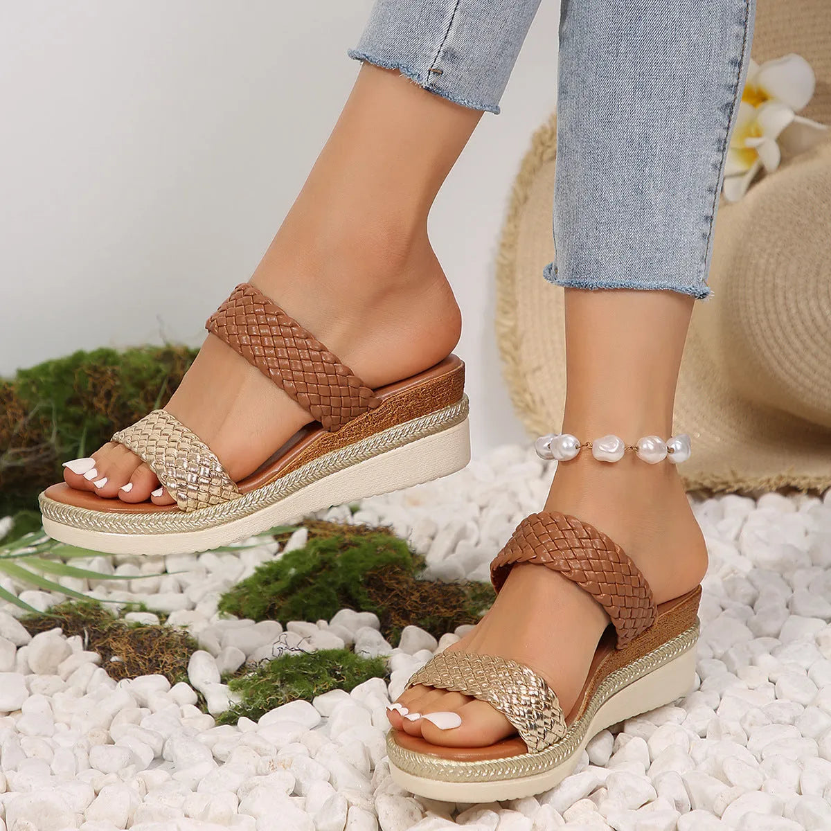 Women's gold and silver wedge sandals with PU upper and rubber sole in sizes 36-43