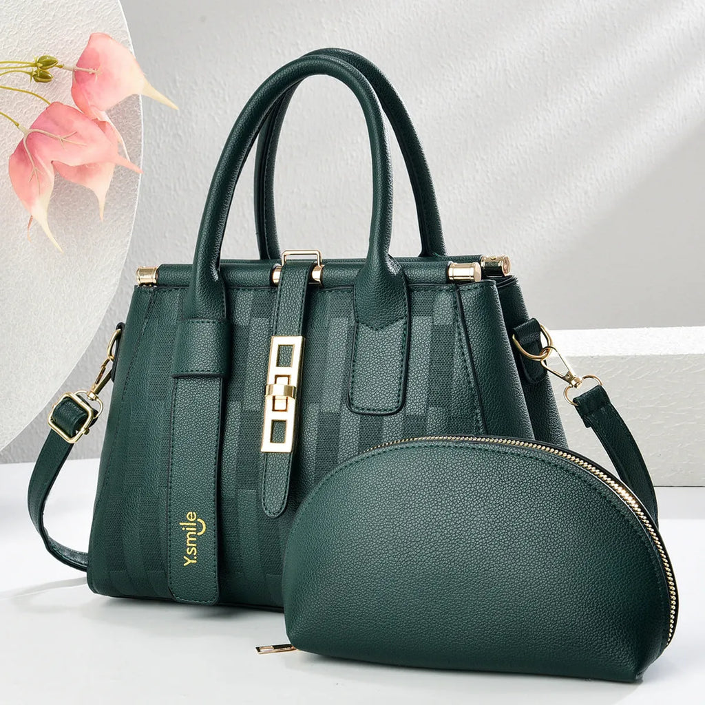 Round black PU leather crossbody shoulder handbag with structured suitcase shape