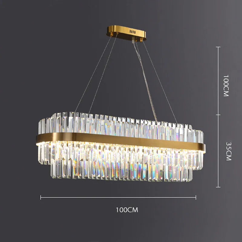 Stainless steel and crystal multi-head chandelier light with adjustable height for ceiling.
