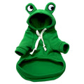 Green frog costume pet hoodie on small dog showing frog pattern design and hood