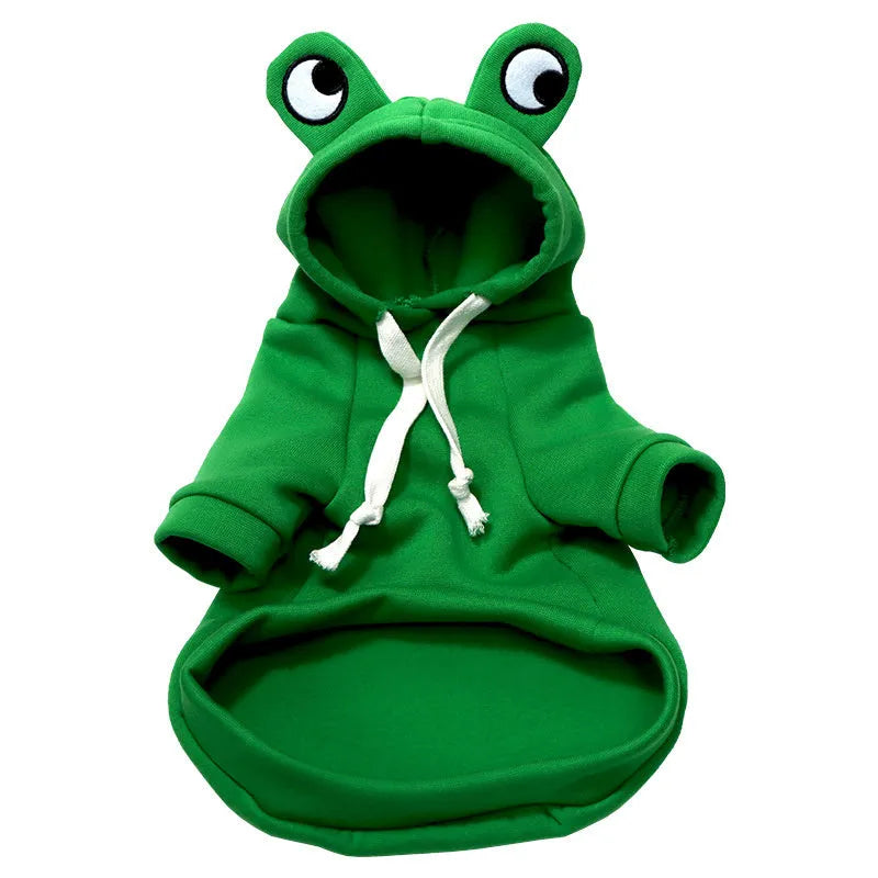 Green frog costume pet hoodie on small dog showing frog pattern design and hood
