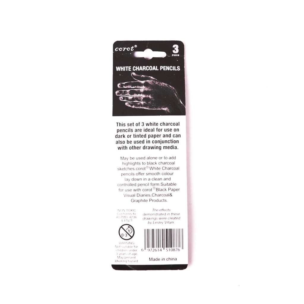 Three white charcoal pencils for sketching and highlighting on dark paper
