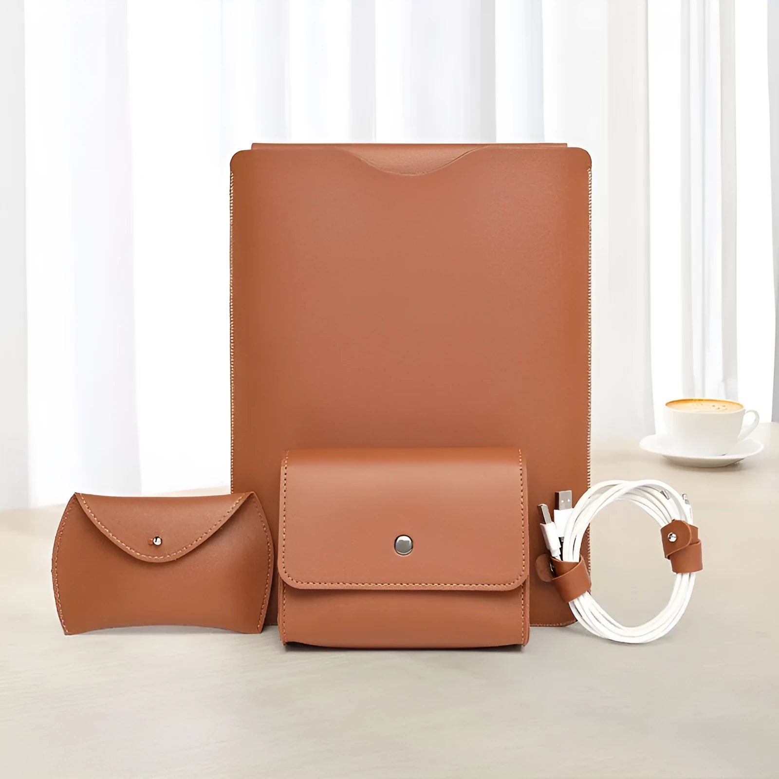 Four-piece imitation leather lock edge protective cover set for MacBook laptops in brown, grey, apricot, and light pink colours
