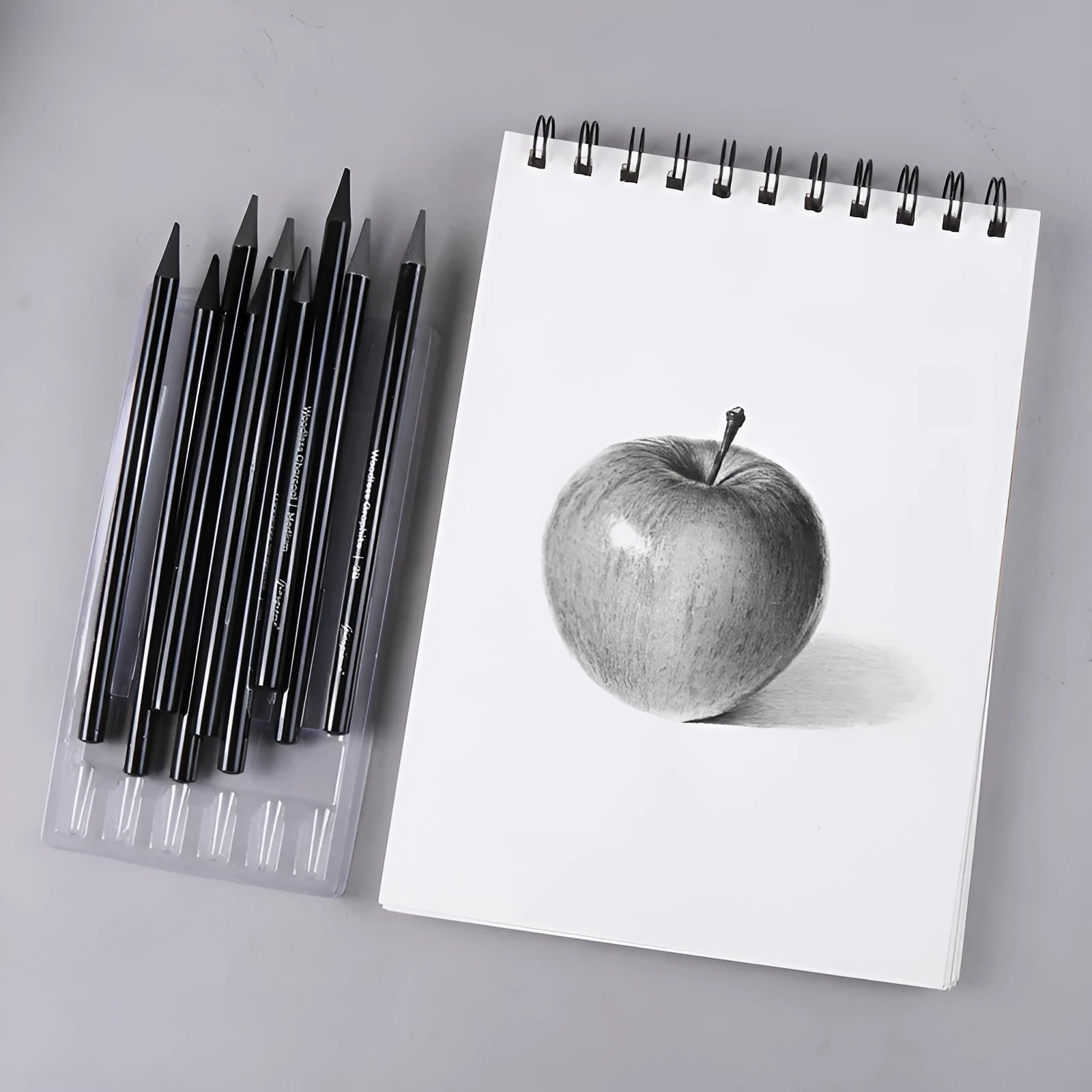 Solid graphite and carbonised artist pencil set with wooden shells for drawing and sketching