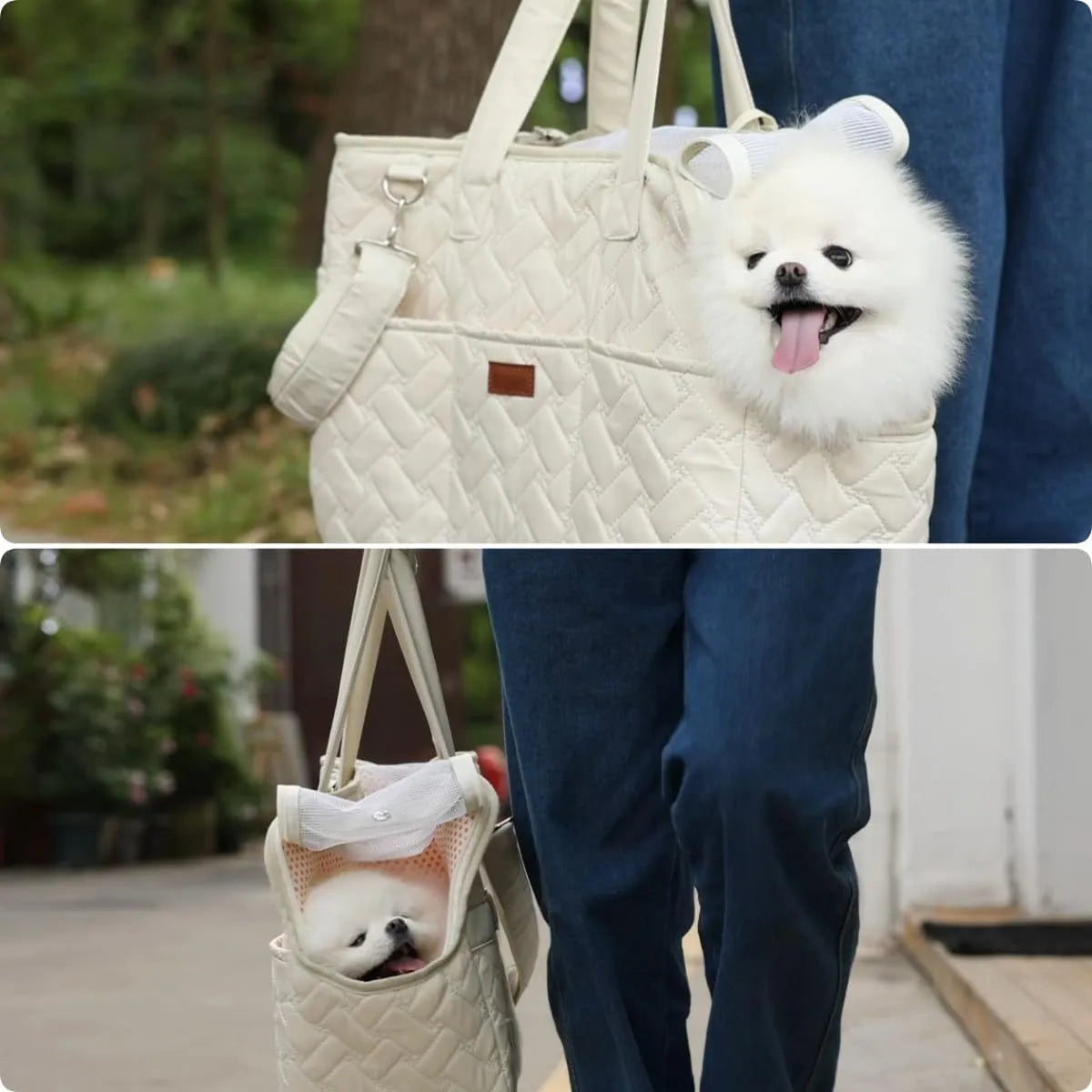 Grey pet carrier handbag with mesh panels and shoulder strap for cat or small dog transport