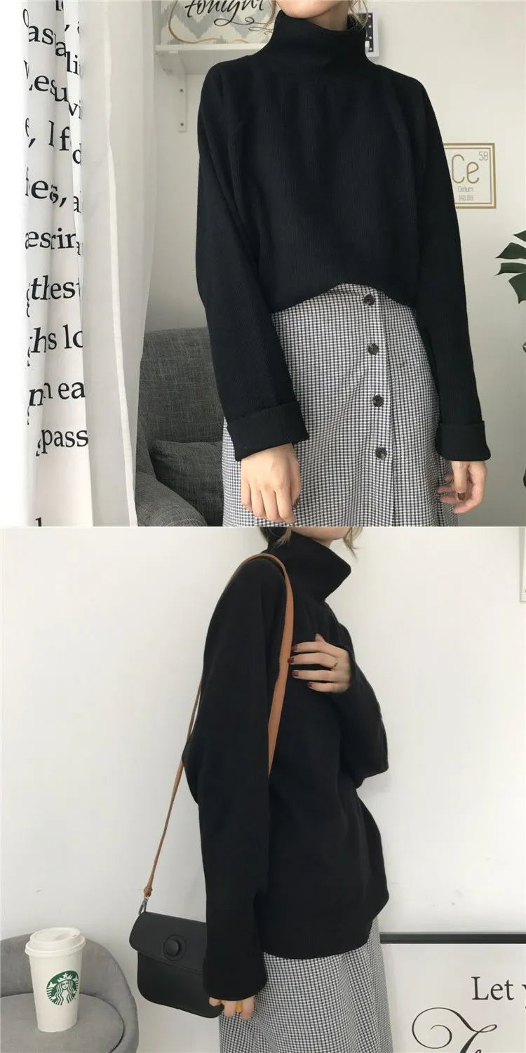 Women's loose-fit half-high collar long sleeve top in pure colour
