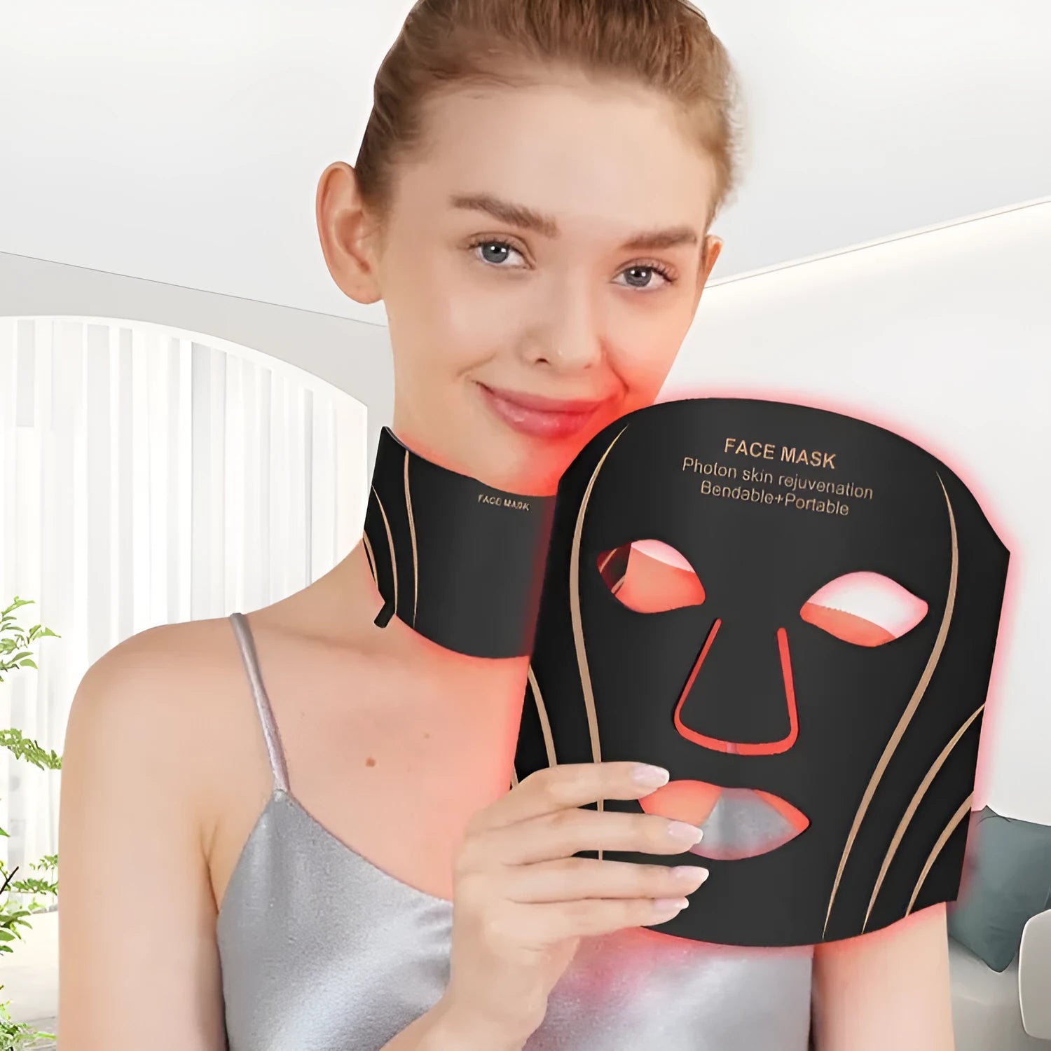 Black gold silicone LED facial beauty mask with headband and touch screen controls