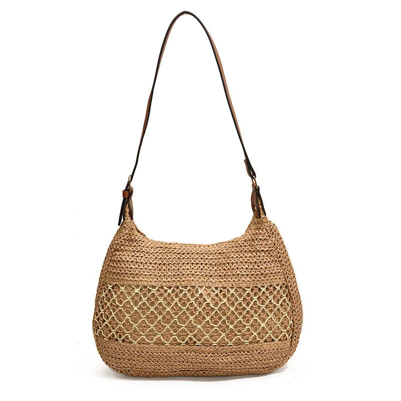 Women's straw cross body bag with sandwich pocket in khaki colour horizontal square shape