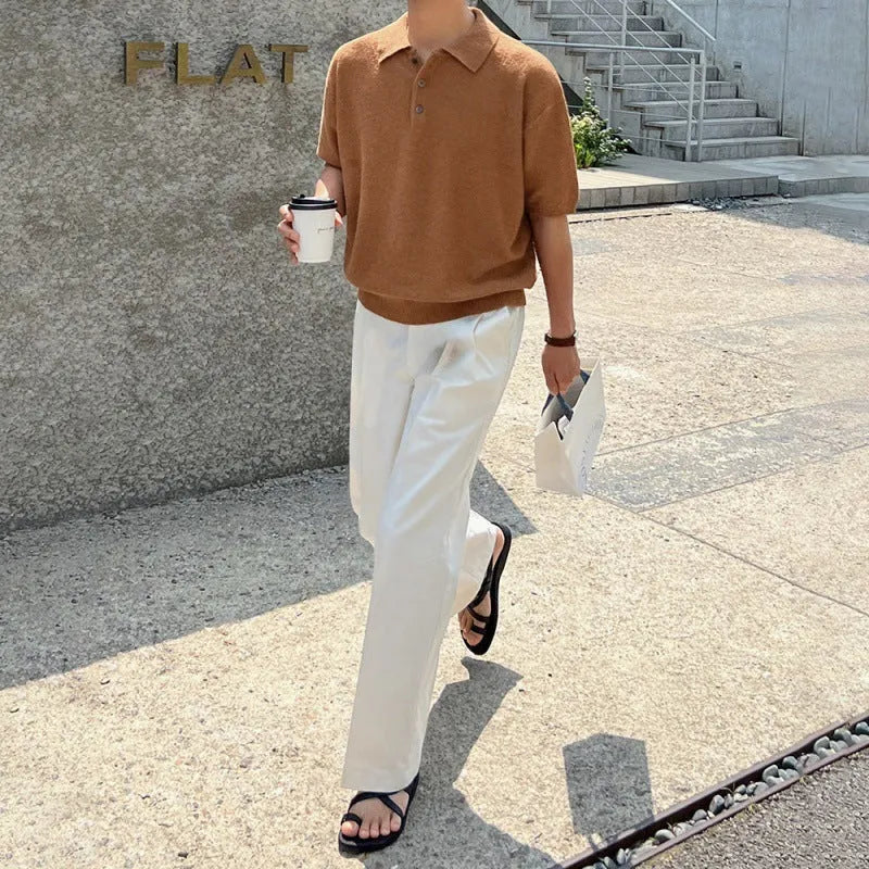 Men's retro knitted polo shirt with asymmetric design in caramel colour, short sleeves, loose fit