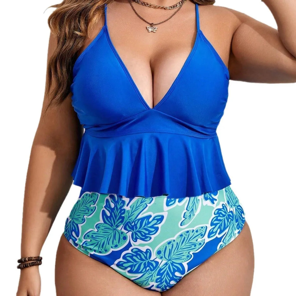 Blue polyester women's bikini swimsuit set with briefs shorts, sizes 0XL to 4XL