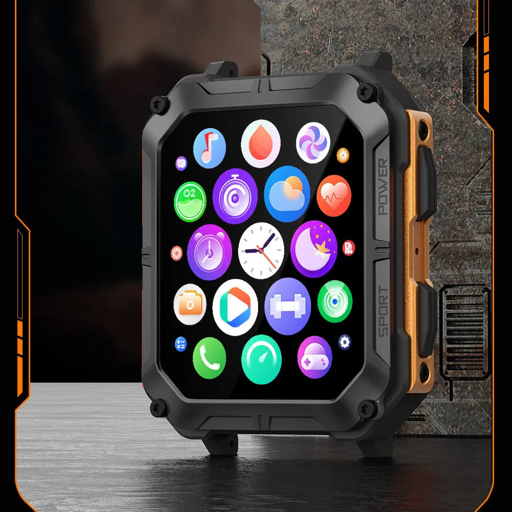Square aluminium smart watch with Bluetooth calling and outdoor protection on silicone sports strap