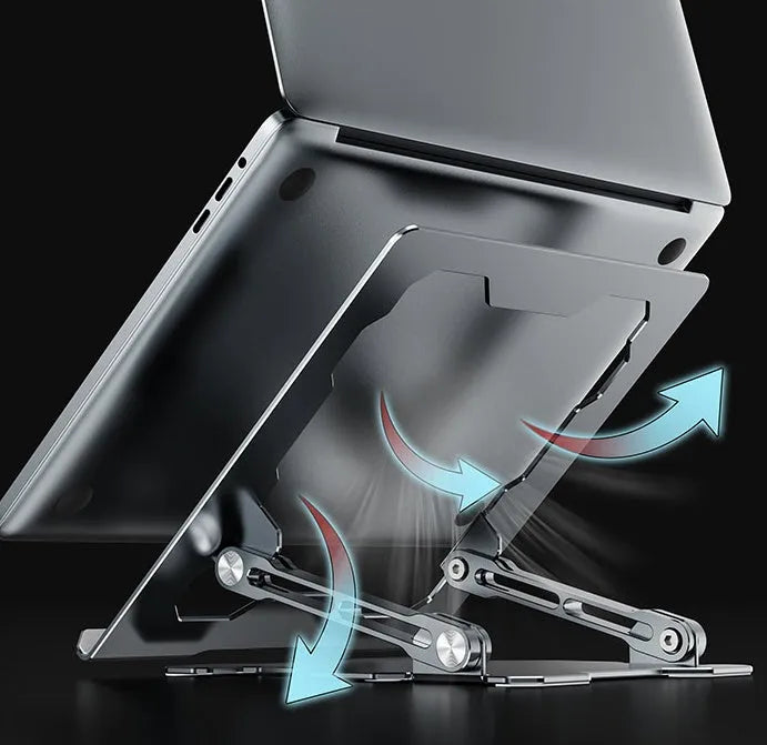 Adjustable aluminium laptop stand in grey or white, showing folding mechanism and silicone protection pads