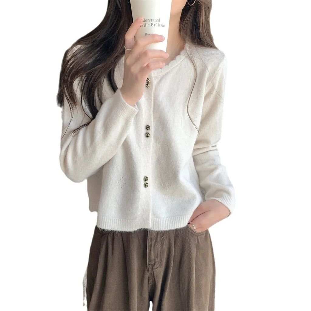 Women's beige acrylic fibre cardigan coat with long regular sleeves laid flat