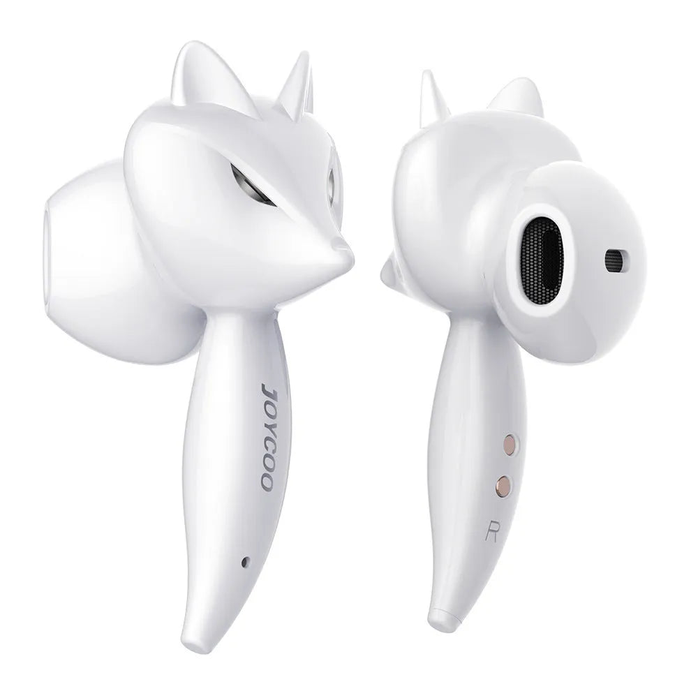 Cartoon fox Bluetooth wireless headset in red with dual earplug design and battery display