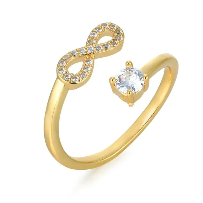 Geometric open zircon ring with letter decoration in gold, rose gold or silver metal