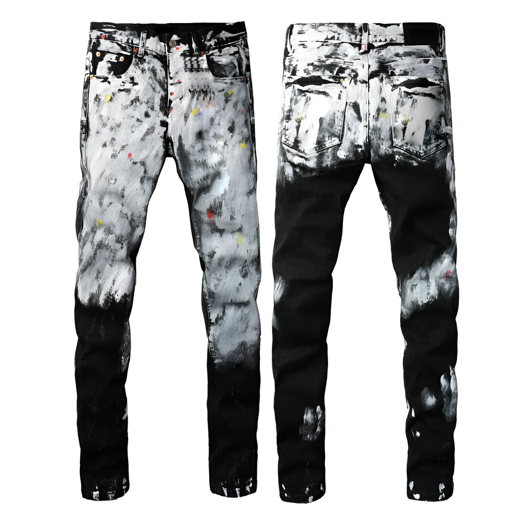 Black slim fit skinny jeans on a man, showing straight leg cut and manual distressing details.
