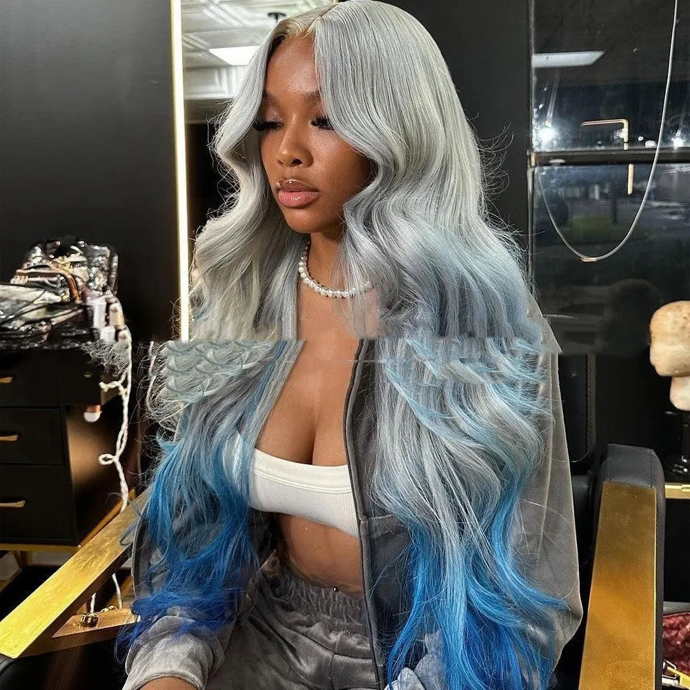 Grey blue gradient human hair lace front wig with 150% density on a model.