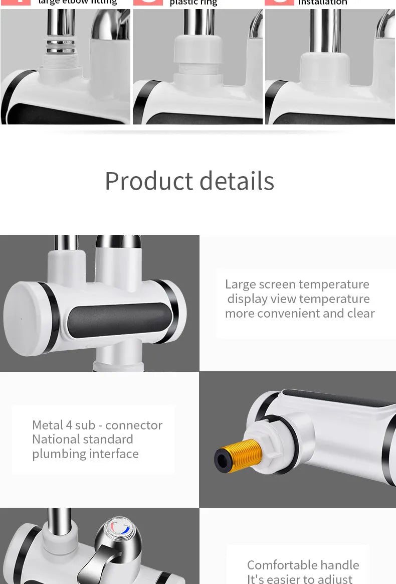 White kitchen electric water heater tap with digital temperature display and control panel