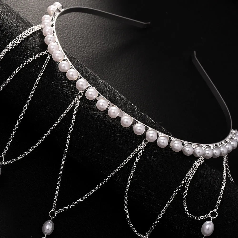 Gold or silver mesh tassel hair chain with pearl decorative elements for women's hairstyling